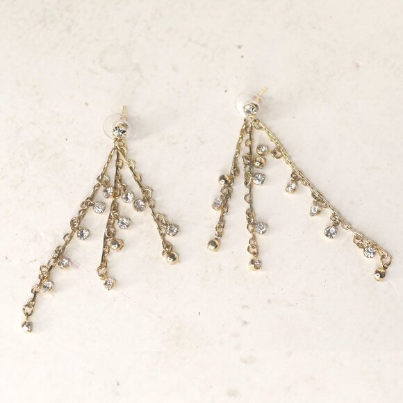 Chain Waterfall Gold Crystal Rhinestone Earrings Gold Metal Dangle Evening - Picture 2 of 7